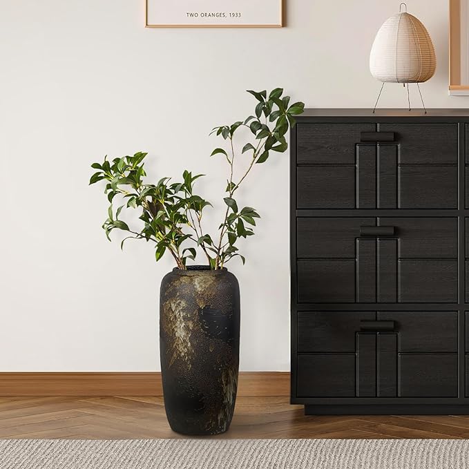 Black Rustic Ceramic Tall Floor Vase, 15.7 Inch Vintage Large Farmhouse Vase Pottery Clay Terracotta Rustic Vases for Home Decor Living Room Entryway Table Centerpieces,Kitchen,Housewarming Gifts