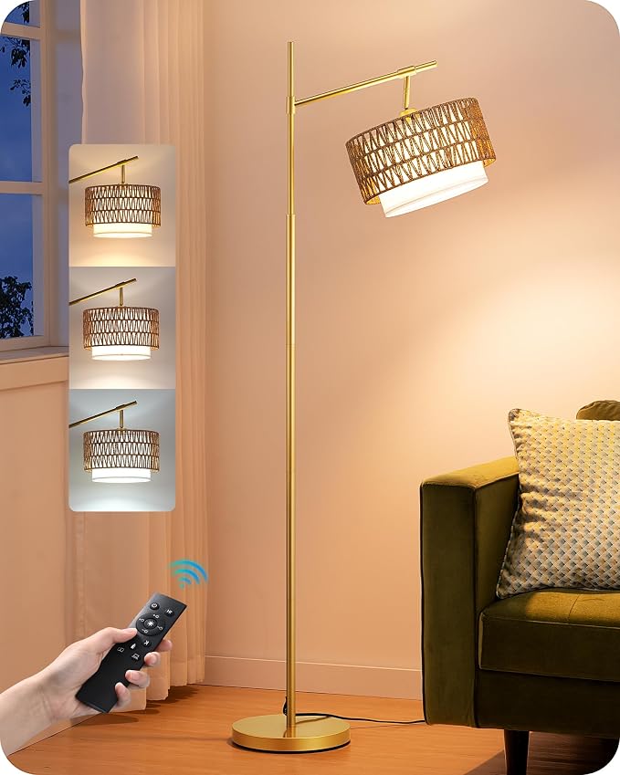 EDISHINE Rattan Arc Floor Lamp with Remote, Gold Farmhouse Standing Lamps for Living Room, Rattan & Fabric Dual Shades, Dimmable LED Bulb, Foot Switch, Adjustable Head Boho Lamp for Bedroom, Nursery