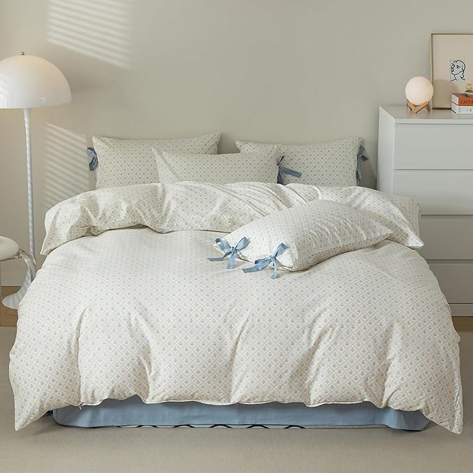 HighBuy Botanical Blue Flower Comforter Set Full Size Checkered Floral Comforter Set Full Girl Toddler French Country Style Coquette Bed Comforter Sets with 2 Bowknot Bow Tie Pillowcases,Luxury Comfy