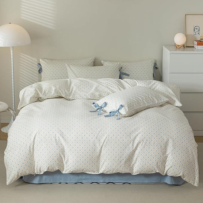 Blue Floral Bedding Duvet Cover Full Girl Cozy Cotton Comforter Cover White Flowers Coquette Bedding Set 3 Piece for Teen College Dorm Romantic Fresh Duvet Cover Set Full with 2 Bow Tie Pillowcases