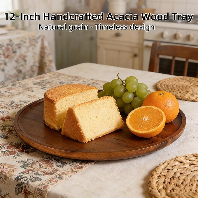 Round Acacia Wood Tray, Non-Slip Wooden Candle Tray for Coffee Table, Bathroom Vanity & Countertop, Decorative Wooden Tray for Home Décor Organizer- 11.8 Inch Diameter