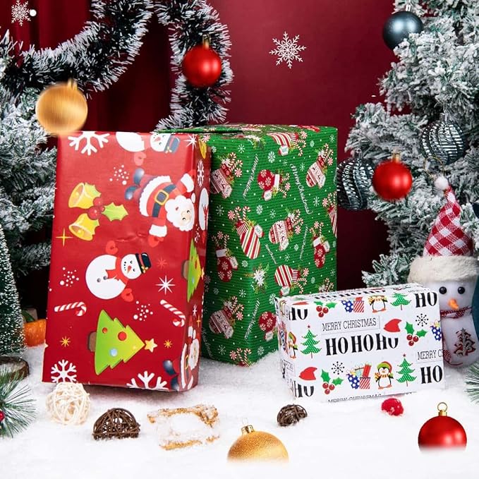 Linnoptimix Christmas Wrapping Paper Rolls -White Red Green Wrapping paper 3 LARGE ROLL-27inch*78 inch per roll Colorful (Christmas White/Red/Green（006）)