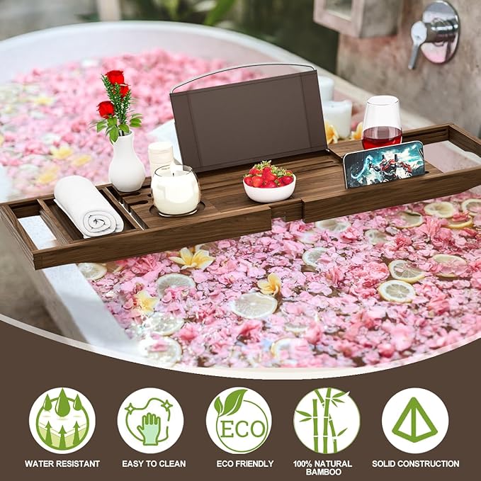 Premium Teak Bathtub Tray Caddy, Wooden Bath Caddy Trays for Bathtub, Bath Tub Wood Tray Table for Tub,Expandable Size, Fits Most Bath Tubs