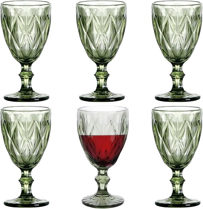 Taganov Green Drinking Glasses Wine Goblets set of 6 Colored Vintage Glassware 10 OZ for Wedding Party Bar New Year Christmas