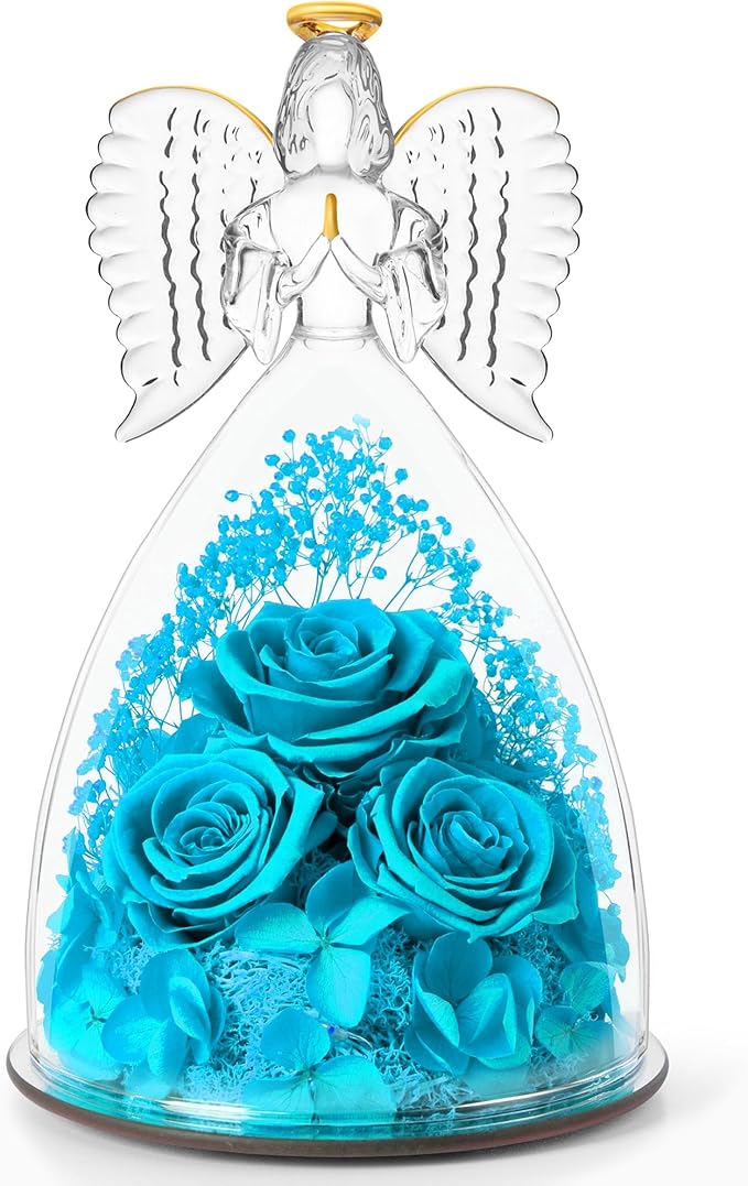 Christmas Flowers Gifts for Grandma Mom,Forever Real Roses in Angel Figurines,Christmas Roses Gifts for Women Wife Mother in Law/Light Blue