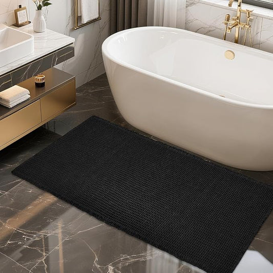 ZALL Waffle Bath Mat Black Super Absorbent Non Slip Bathroom Rug,Rhombus Geometric 24x48inch,Machine Washable Ultra Soft Floor Mats