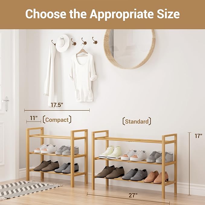 Haddockway Bamboo Shoe Rack for Closet, Free Standing Shoe Organizer with Smooth Round Rods & Convenient Handles, Stackable Shoe Storage Shelf for Entryway, Hallway(Natural, 3-Tier)