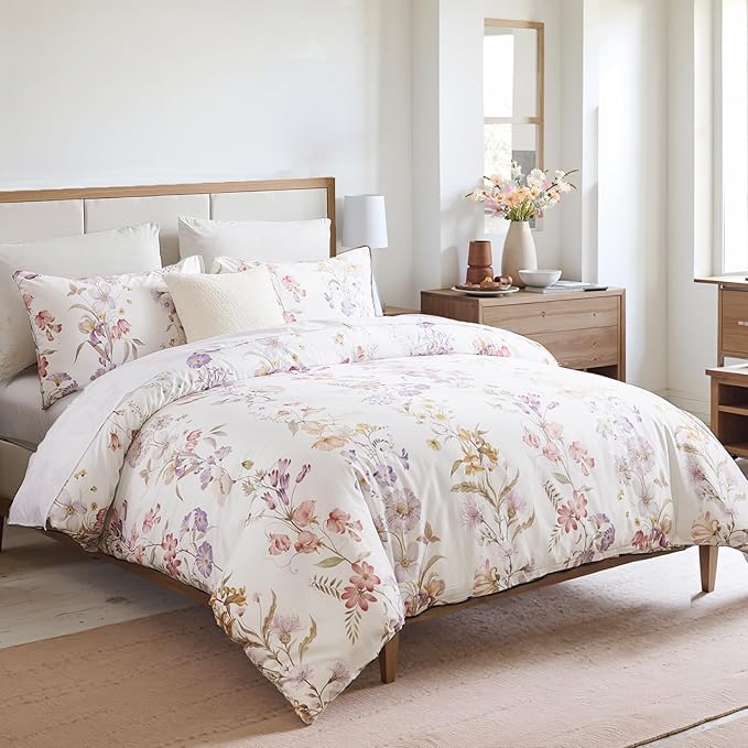 100% Cotton Duvet Cover Queen Size – Pastel Lavender Print Vintage Bedding Set with Zipper Closure, 3 Pieces Luxury & Silky Soft Comforter Cover for All Seasons
