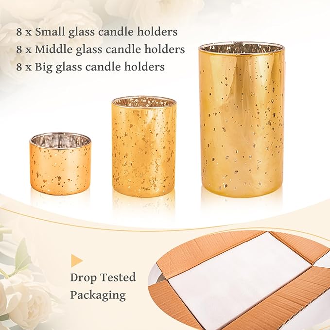 CHILL RECIPE Gold Cylinder Vases Glass Candle Holders Bulk, Mercury Hurricane Candle Holder Small Flower Vases for Centerpieces Tea Light Pillar Votive Candles Wedding Decor Party (8 Set 24Pcs)