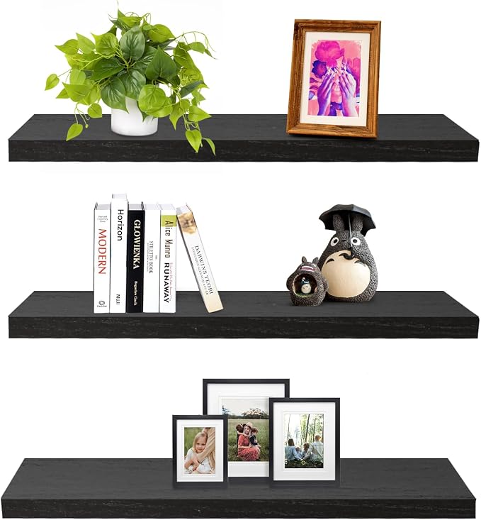 SAUMONIERES Floating Wall Shelves for Bedroom Bathroom Wall Mounted Solid Wood Shelf 24 Inch Set of 3, Black