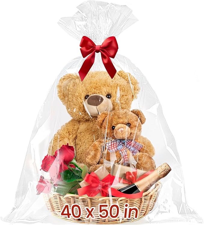 Ohuimrt 40 x 50 Inch Extra Large Cellophane Gift Bags, 6 PCS Jumbo Clear Plastic Cellophane Wrap for Gift Baskets Baby Shower Birthday Wedding Party favor