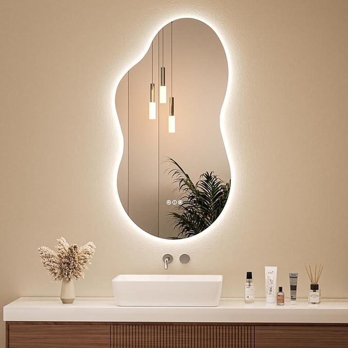 Irregular Cloud Backlit Bathroom Mirror 20x32 Inch, LED Vanity Mirror with Lights Anti-Fog, Dimmable 3 Colors, 4mm Tempered Glass, Horizontal/Vertical Wall Mount for Bathroom or Makeup Area