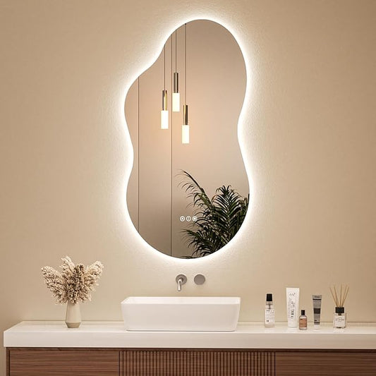 Irregular Cloud Backlit Bathroom Mirror 20x32 Inch, LED Vanity Mirror with Lights Anti-Fog, Dimmable 3 Colors, 4mm Tempered Glass, Horizontal/Vertical Wall Mount for Bathroom or Makeup Area