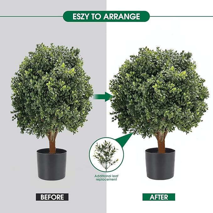 26''T 17D'' Artificial Boxwood Topiary Ball for Outdoors, Set of 2 Potted Bushes, Artificial Boxwood Plants for Front