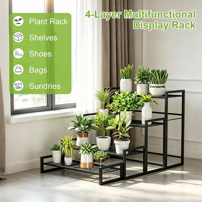 VyGrow Plant Stand, 4 Tier Widened Stackable Tiered Plant Stand, Upgraded Scalable Heavy Duty Tall Plant Shelf for Indoor Outdoor, Garden, Display Shelves, Flower Pot Holder, Black