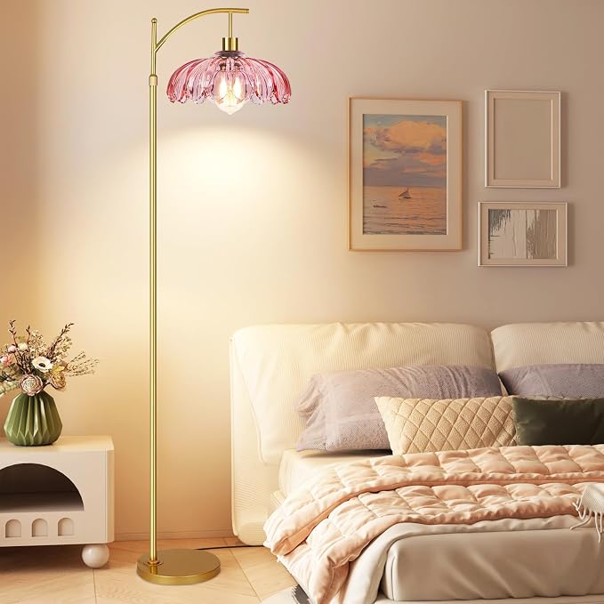 QIYIZM Pink Floor Lamp for Living Room,Bedroom,Gold Dimmable Standing Lamp with Remote,Mid Century Modern Brass Tall Lamp Boho Floor Lamps Arc Stained Glass Flower Floor Light Lamp Girls kids Bohemian