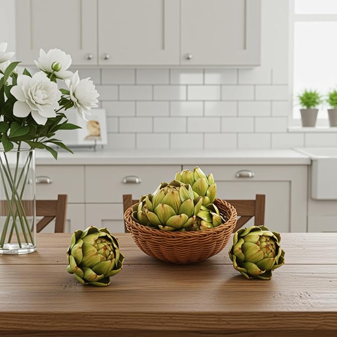 Peohud 6 Pack Large Green Artificial Artichokes, Fake Vegetables and Faux Fruits for Home Kitchen Wedding Party Bowl Vase Filler Decorations