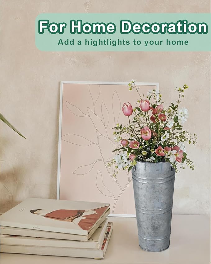 9 Inch Galvanized Metal Vases for Flowers - 2 Pcs Farmhouse Decorative Tall Flower Bucket with Handles, Rustic French Tin Planter Buckets for Wedding Decor (Silver)
