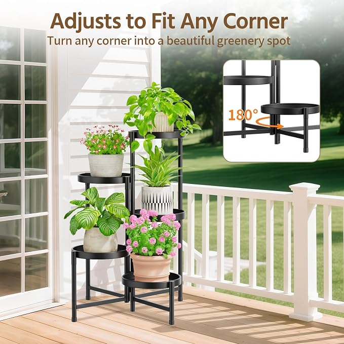 LASZOLA 5 Tier Large Plant Stand Indoor Tall with 10 Inch Metal Tray, Corner Folding Flower Display Rack, Modern Plant Holder Shelf for Outdoor Patio Porch Garden Office Living Room, Black