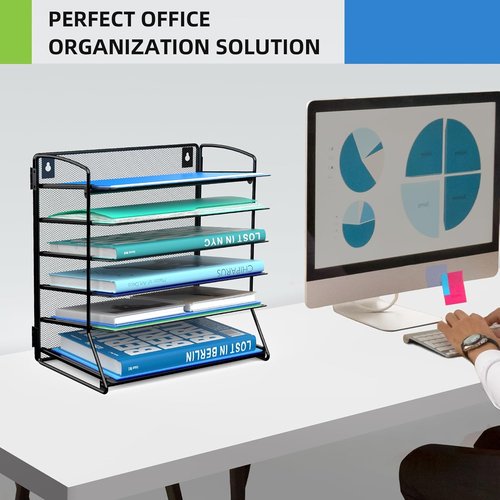 MINDEPOT 6-Tier Paper Tray Desk Organizer - Extra Thick Metal A4/Letter Size File Holder for Office & School