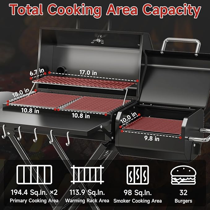 kscocinaBBQ Portable Charcoal Grill with Smoking Function, Foldable Suitcase Design with Wheels, Multi-Tier Storage Rack & Waterproof Cover for Outdoor BBQ Parties (Black)