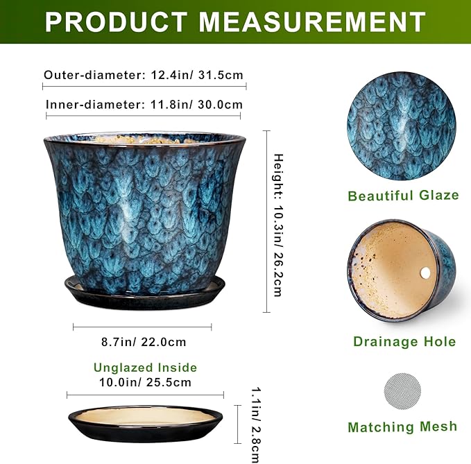 Ceramic Plant Pots - 12 Inch Pots for Plants Indoor Outdoor, Large Round Planter with Drainage Hole and Saucer, Modern Decorative Flower Pot, Home Garden Decor, House Warming Gifts, Blue