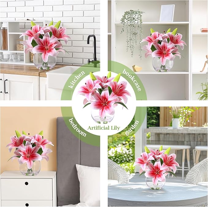 Artificial Tiger Lily Arrangement in Glass Vase, Real Touch Silk Flowers, FakeLilies with Faux Water