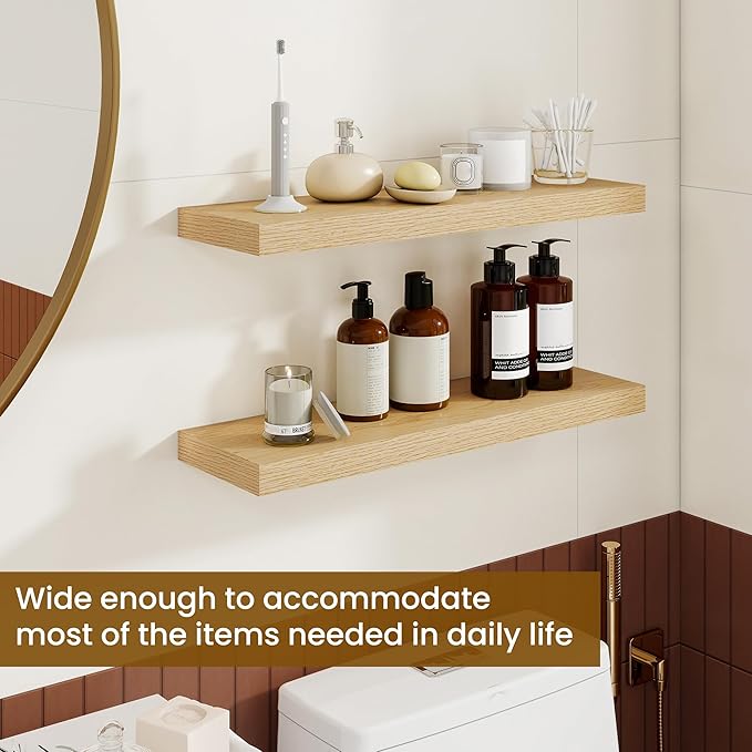 Dreamland 24Inch Floating Shelves for Wall, Rustic Wooden Floating Shelves for Bathroom|Bedroom|Kitchen, 2 Pack Deep Wall Mounted Book Shelf, Wood Storage Display Shelf for Home Decor, Oak