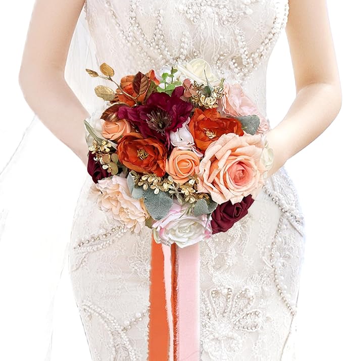 8.6 Inch Wedding Bouquets for Bride Bridesmaid, Burnt Orange Burgundy Rose Bridal Bouquet Terracotta Fall Wedding Artificial Silk Flower Boho Rustic Ceremony Anniversary Decor Toss Bouquet