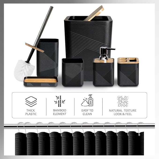 CERBIOR Bathroom Accessory Set with Shower Curtain, Includes Shower Curtain,Soap Dispenser, Toothbrush Holder, Toothbrush Cup, Soap Dish for Decorative Countertop and Housewarming Gift,Black,20PC
