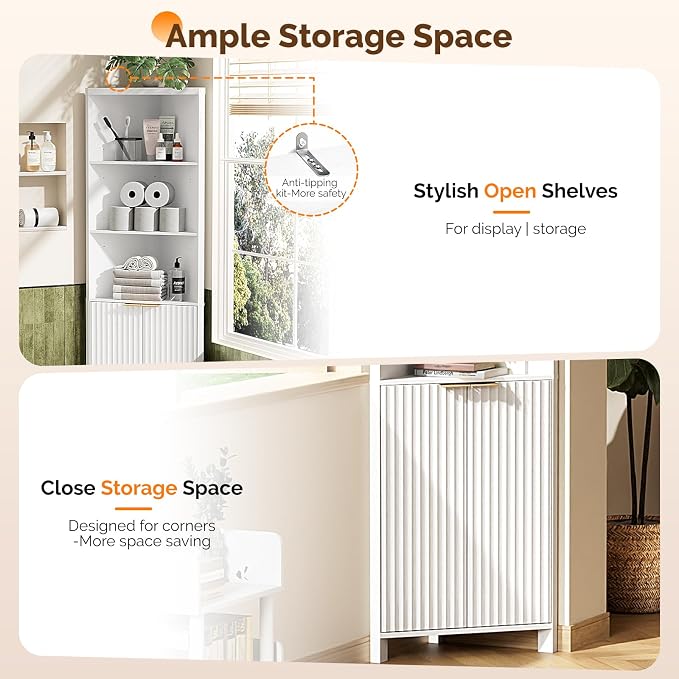 VINGLI Tall Corner Cabinet with Fluted Doors, 68" White Corner Storage Cabinet with Adjustable Shelves, Freestanding Wood Corner Bookshelf for Bathroom, Living Room & Kitchen, Space-Saving