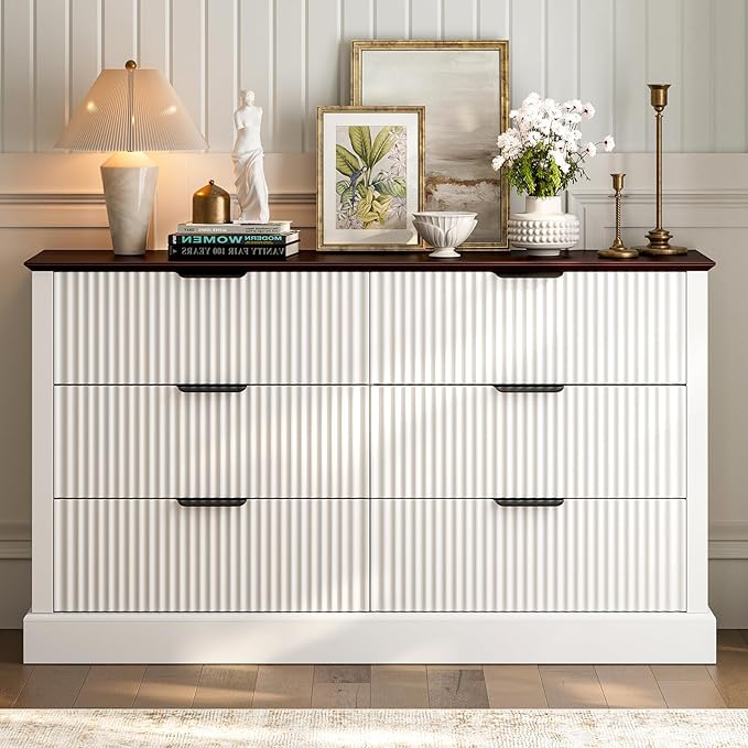 Dresser for Bedroom with 6 Fluted Drawers, 51.9" Wide Chest of Drawers with Mid-Century Design, Wood Dresser for Closet with Metal Handle, White & Walnut