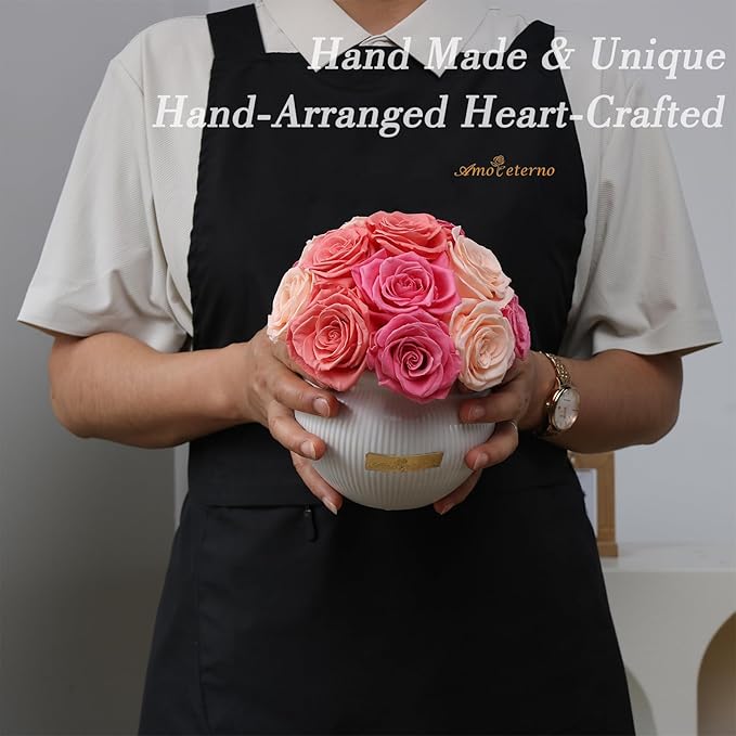 Preserved Roses,Weeding Flowers,Table Centerpiece Flowers,14Pcs Long Lasting Real Rose in Ceramic Vase,Table Flowers for Party,Wedding Decor,Birthday,Anniversary,Wedding Gifts for Her (Color Mix)