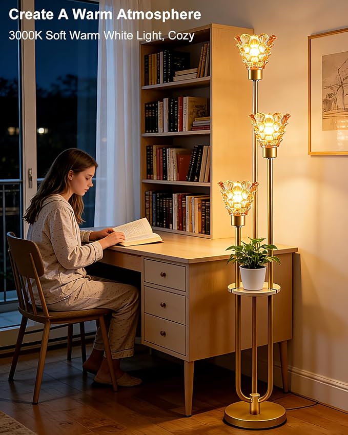 Lightdot Amber Glass Floor Lamp with Shelf, 63IN Mid Century Modern Gold Floor Lamps with 3 3000K Soft Warm White Bulbs Included, Standing Tall Lamp with 5Lbs Heavy Base for Living Room/Wedding/Office