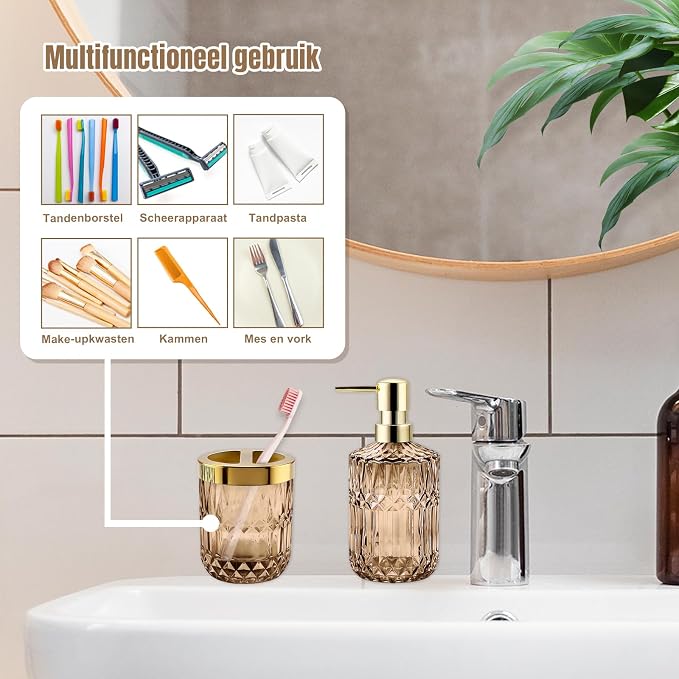 2Pcs Brown Bathroom Accessories Set, Glass Bathroom Accessories, Vintage Bathroom Countertop Decoration Includes Soap Dispenser, Toothbrush Holder