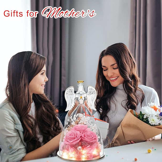 ANWEAO Mothers Day Flowers Gifts for Mom,Angel Gifts for Women,Birthday Gifts for Women,Preserved Real Rose in Glass Angel Figurines,Preserved Flower Gift for Grandma Mom Wife Girlfriend