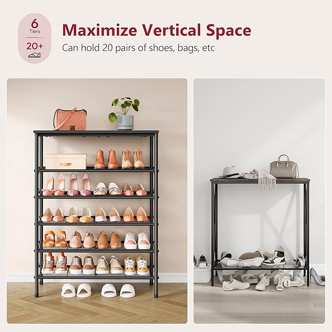 Tajsoon 6 Tier Shoe Rack Organizer for 20-24 Pairs of Shoes, Metal Mesh Shoe Shelf for Closet, Industrial Shoe Rack for Entryway Shoe Storage with X Shape Fixed Frame, Black