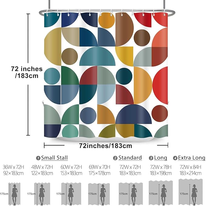 Colorful Mid Century Modern Shower Curtain Vintage Rainbow Boho Abstract Geometric Art Bathroom Curtain Decor 72x72 Inch Washable Fabric Retro Bright Cute Circle Patterned Bath Curtain with 12 Hooks