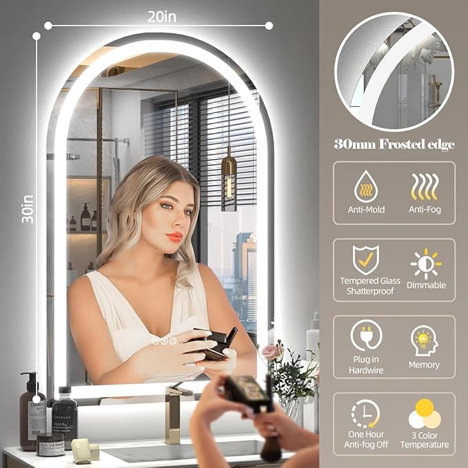 Arched LED Bathroom Mirror 20x30 Inch, Dimmable LED Vanity Mirror with Lights, Anti-Fog, 3 Colors, Memory, ETL Listed (Backlit + Frontlit)
