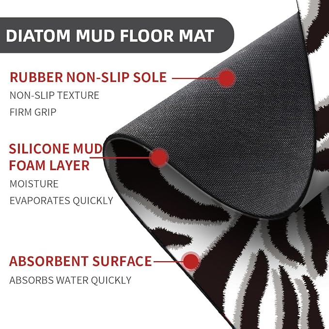 Diatomaceous Earth Bath Mat,Black and White Zebra Print Non-Slip Volume Super Absorbent Fast Drying for Bathroom Kitchen Door mat,Eco-Friendly Easy to Clean 16×24Inch (40 * 60cm)