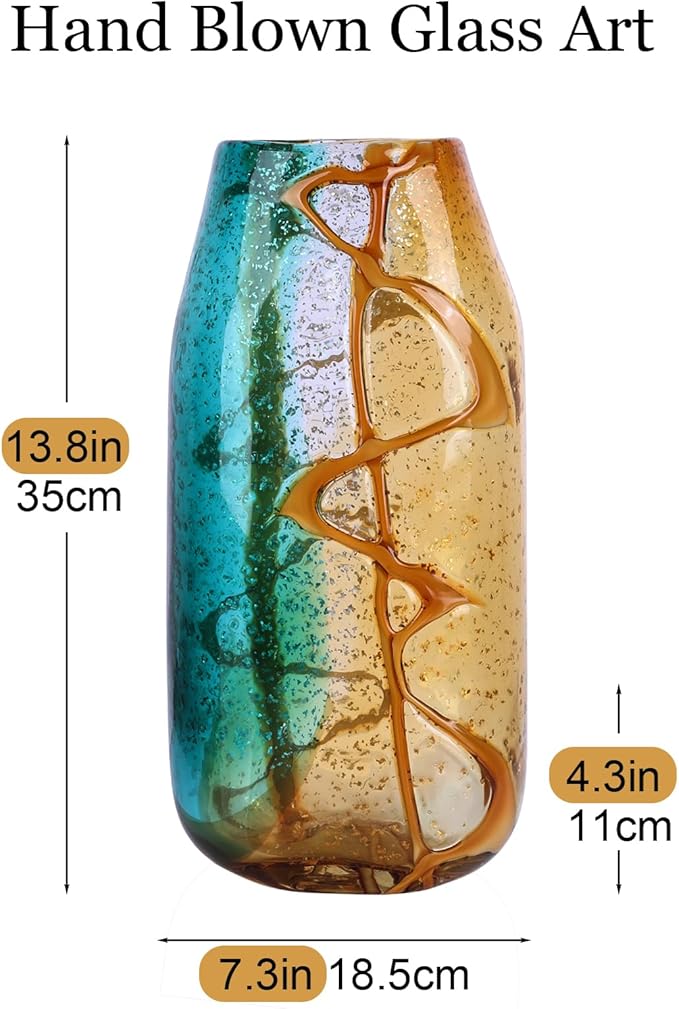 Pretty Hand Blown Glass Vase, Colored Glass Flower Vases Home Decor, Amber and Teal Decorative Murano vase for Living Room Office Bedroom Coastal Table Centerpieces Gift