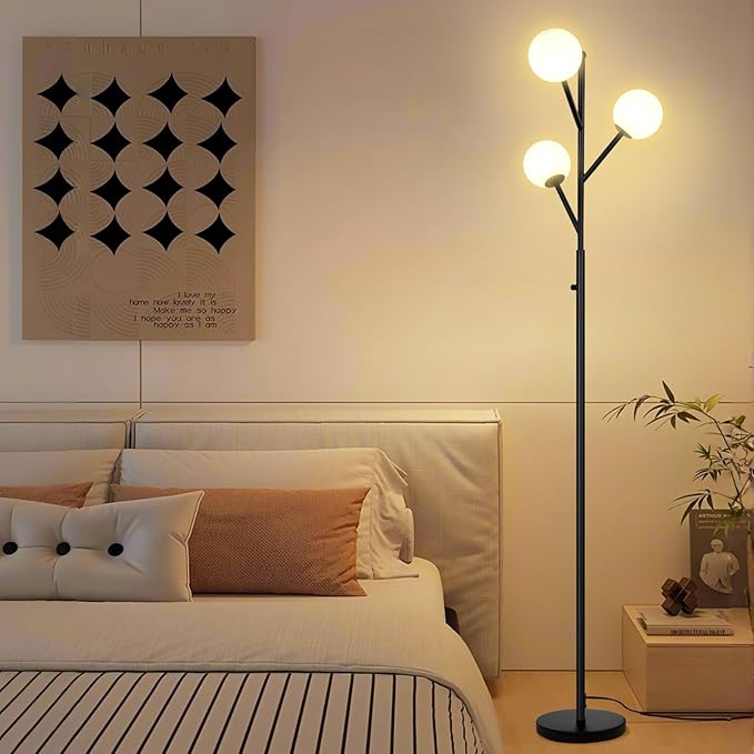 Ldeco 3-Globe Mid Century Black Tree Floor Lamp for Living Room,70in Tall Modern Stepless Dimmable Standing Lamp with Frosted Glass Shade for Office Bedroom, Study Room Bulbs Included(dimmer-Black)