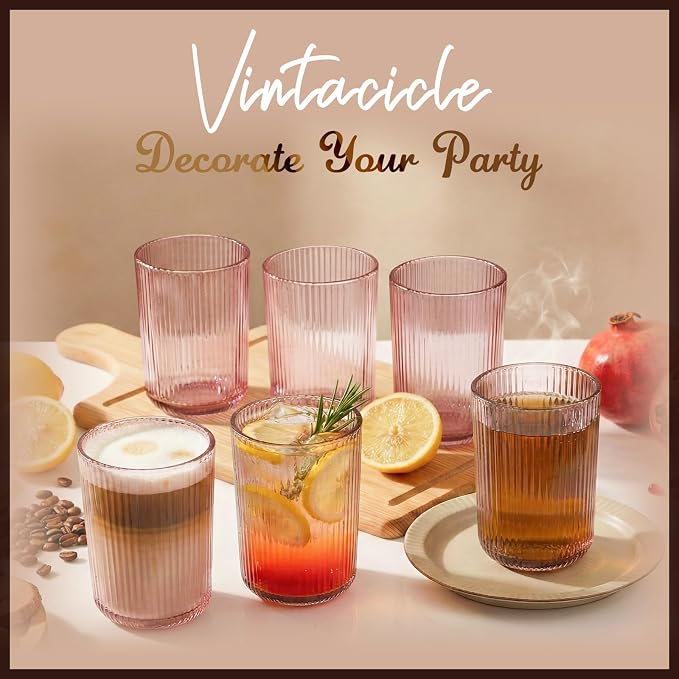 Pink Ribbed Highball Glasses Set of 6, 13.2oz Pink Colored Glassware, Drinking Glasses for Water, Juice, Iced Coffee, Cocktails, Pink Glass Cups, Housewarming Christmas Gift