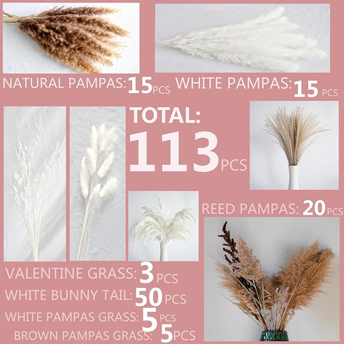 Dried Flower Bouquet - Pampas Grass, Bunny Tails & Preserved Flowers - Boho Chic Home Decor, Rustic Wedding Centerpiece, Farmhouse Style Arrangement, Long-Lasting Gift (113PCS)
