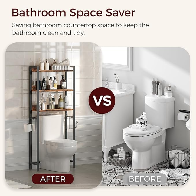 MAHANCRIS Over The Toilet Storage Rack, 3 Tier Bathroom Organizer Over Toilet, Freestanding Space Saver Toilet Stand with 2 Hooks, Bathroom Storage Shelf, Easy to Assemble, Rustic Brown TSHR6001