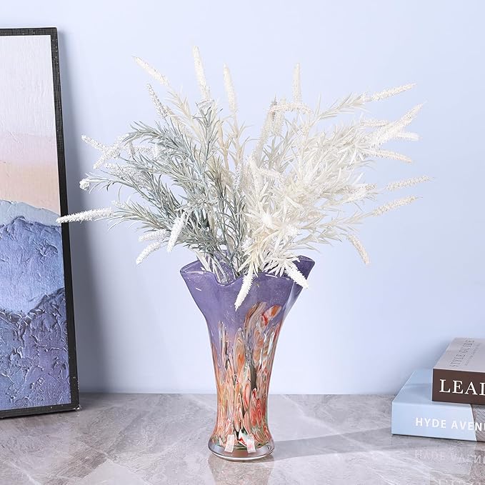 9.0" H Red Glass Vases for Flowers, Hand Blow Glass Vase Red Home Decor, Wide Mouth Blue Flower Vase Centerpieces, for Bookshelf,Dinner Table,Indoor Office Desktop,Meeting Room,Bathroom,Countertop