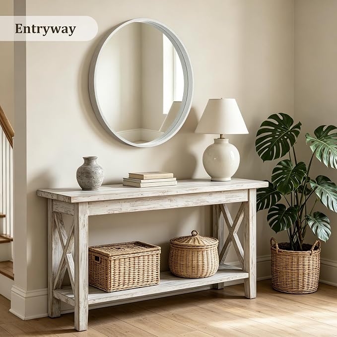 WallBeyond 36 Inch Round Wood Mirror, Large Circle Wooden Frame Wall Mirror for Bathroom, Living Room, Bedroom, Entryway (White)