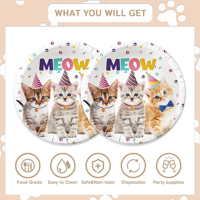 48Pcs Cute Cat Birthday Party Decorations Tableware Inculde Plates Napkins Forks for Birthday Pet Party and more party Serve 16 Guests
