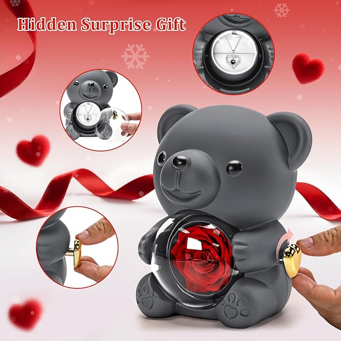 HITOP Rose Gifts for Women - Cute Teddy Bear with Preserved Real Roses Forever Flowers and I Love You in 100 Languages Necklace for Girlfriend Her Wife Mom Grandma on Birthdays, Anniversaries