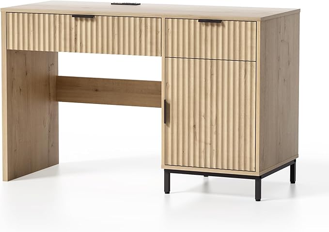 47" Fluted Executive Desk, Modern Wood Home Office Desk with Charging Station, Drawer & Cabinet, Computer Writing Desk for Work Study, Light Oak